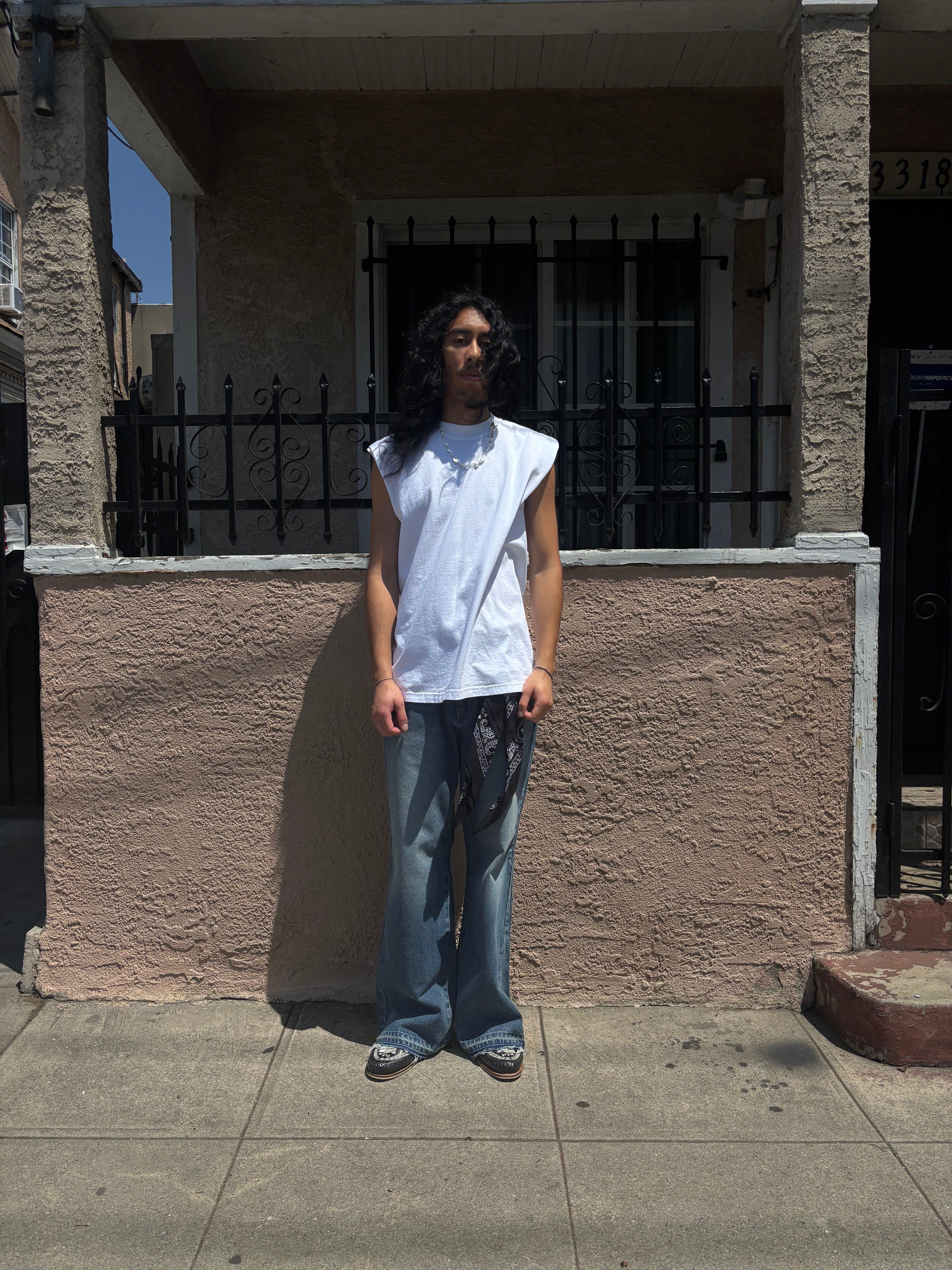 7.5oz Garment Dye Muscle Tee + Squabble Distressed Denim