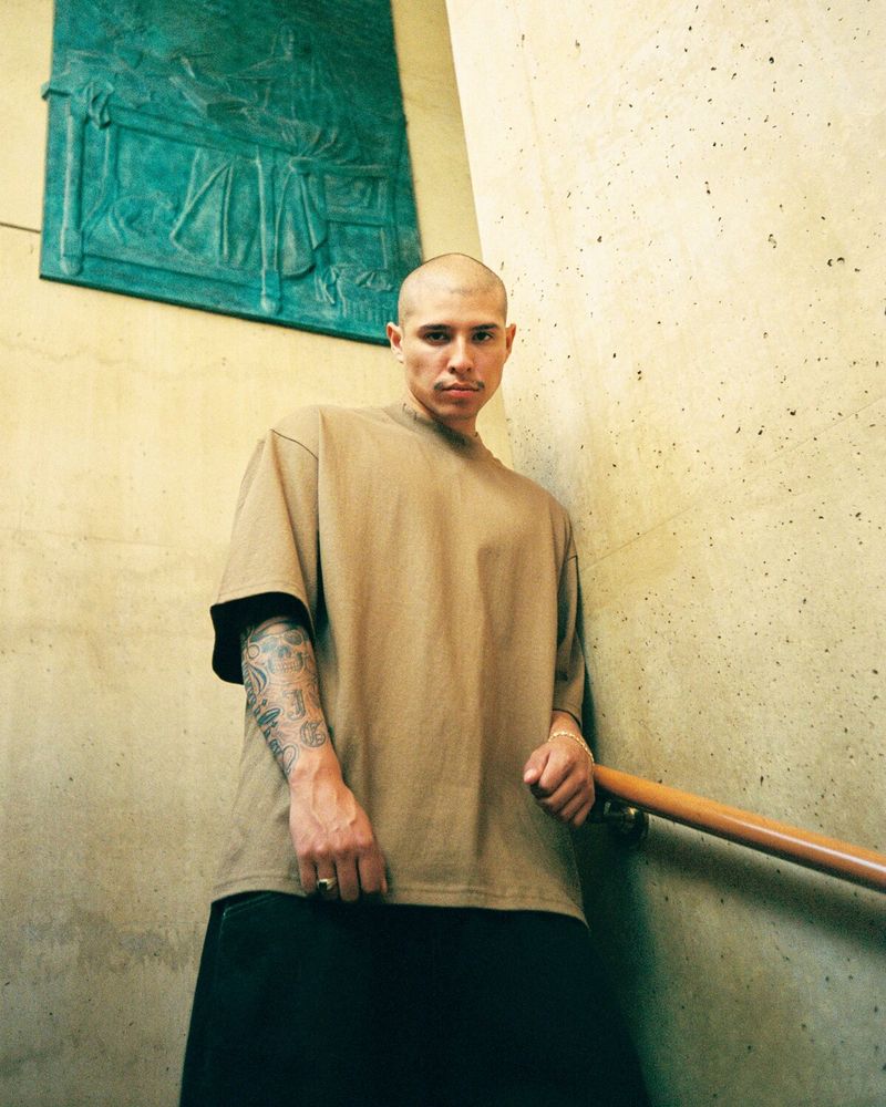 Model wearing Shakawear boxy fit heavyweight tee