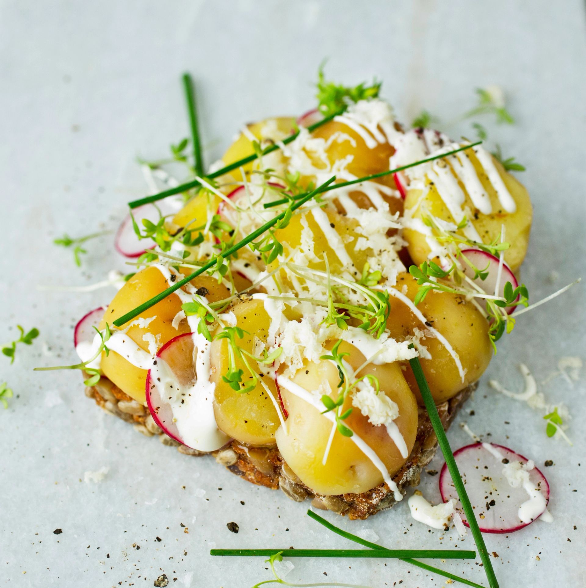 En skive grovt brød toppet med små kokte poteter, reddikskiver, frisk gressløk og urtespirer, dryppet med hvit dressing og revet pepperrot