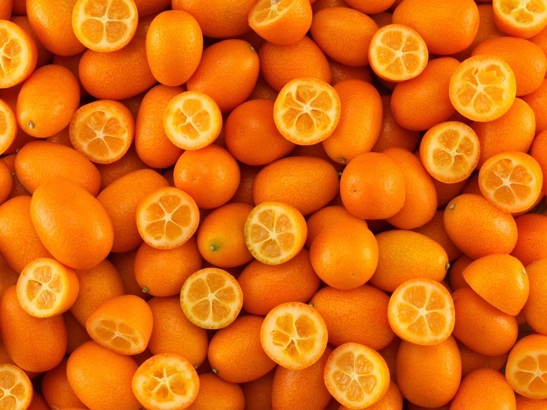 En tett samling av hele og halverte kumquater med knalloransje skall. Noen av fruktene er kuttet på tvers og viser det lyse, saftige innmaten og de små segmentene. Bildet er fylt helt ut av fruktene.