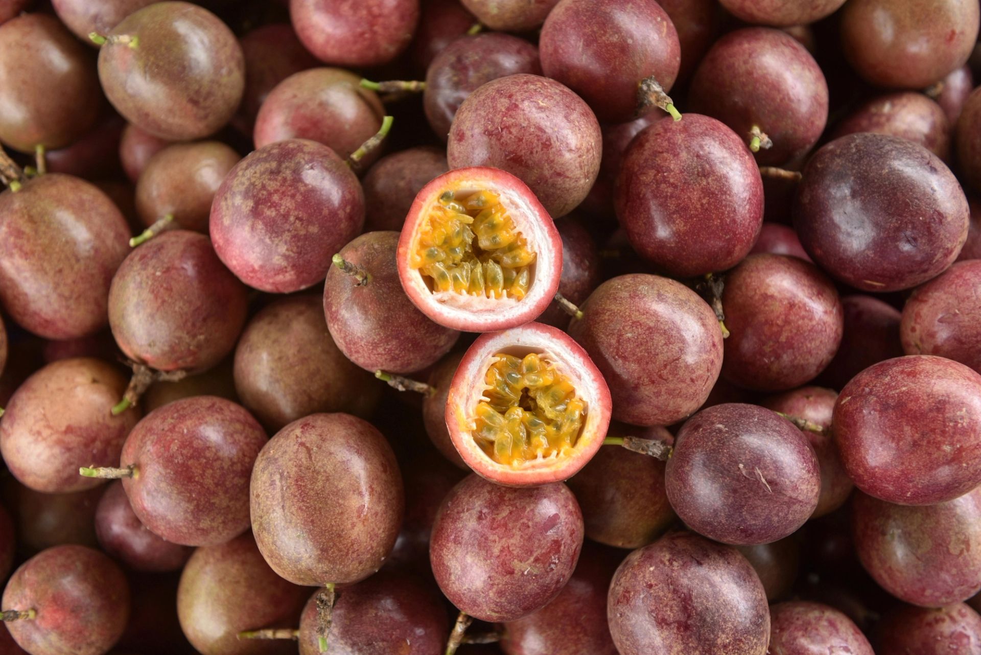 Mange hele pasjonsfrukter med lilla skall, med én frukt delt i to som viser gult fruktkjøtt med frø.