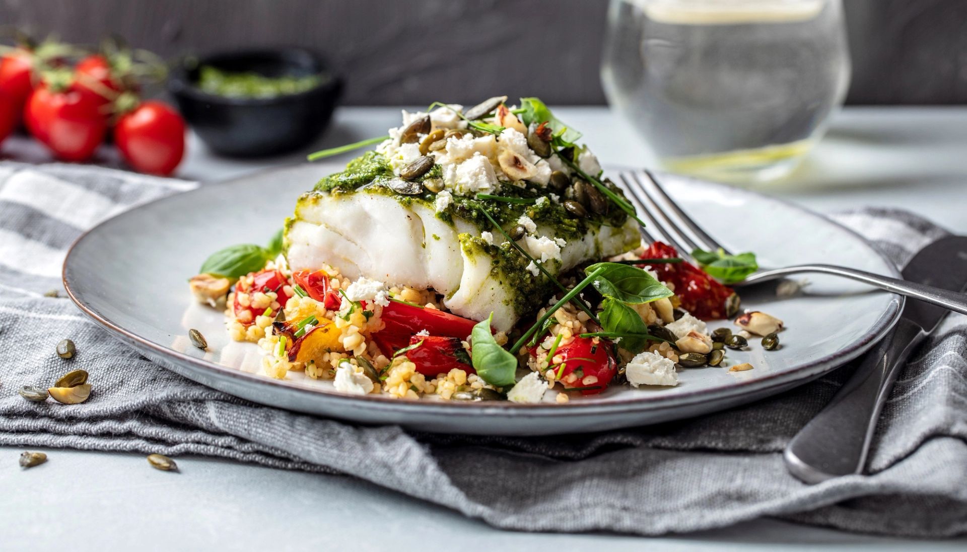 Et stykke bakt torsk toppet med grønn pesto og smuldret fetaost servert på varm bulgursalat med ovnsbakte cherrytomater og paprika.