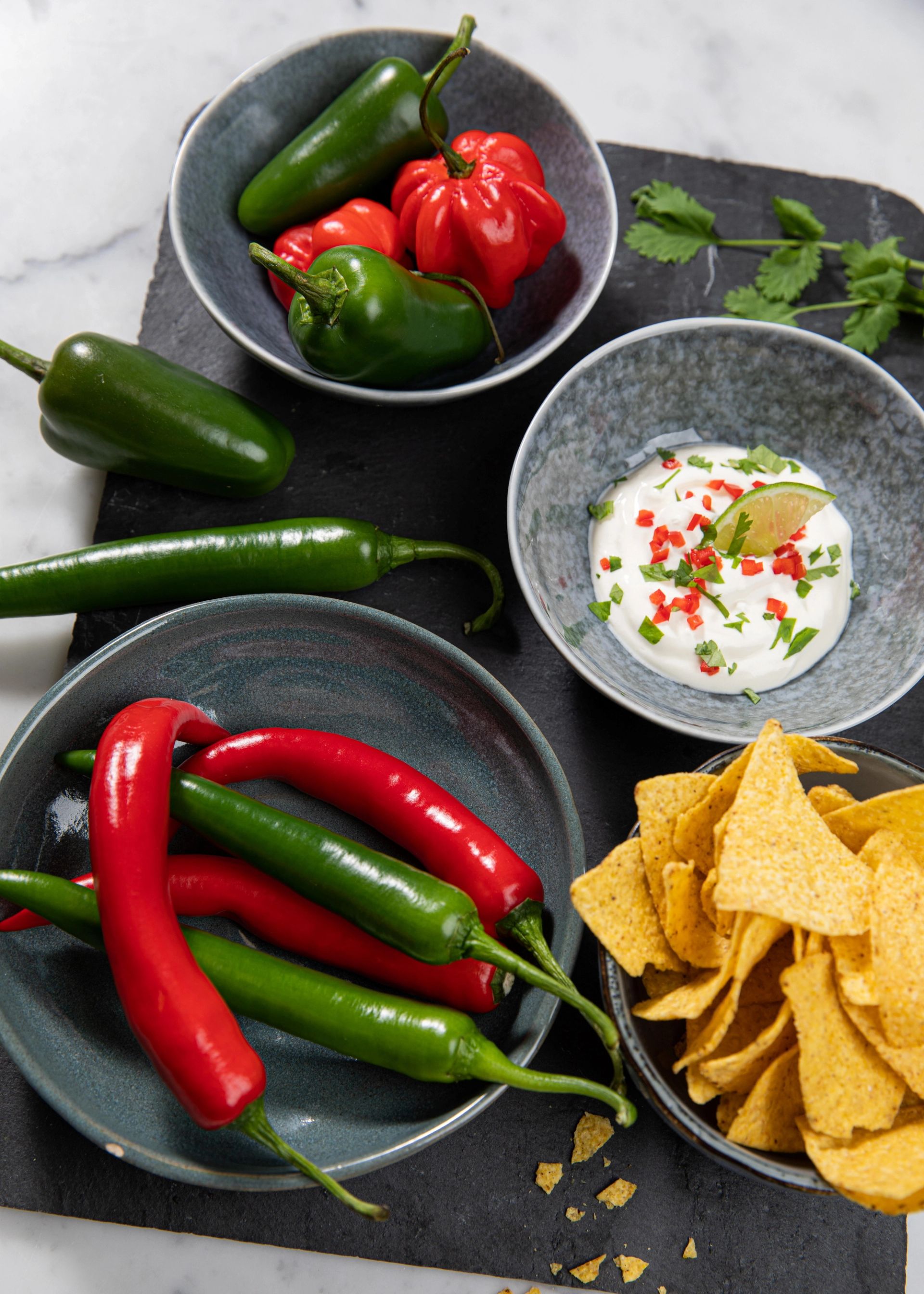Skåler med friske chili, inkludert røde habanero‑chili, grønne chili og jalapeño, samt en skål med rømme toppet med finhakket chili og en bolle tortillachips, arrangert på et mørkt serveringsbrett.