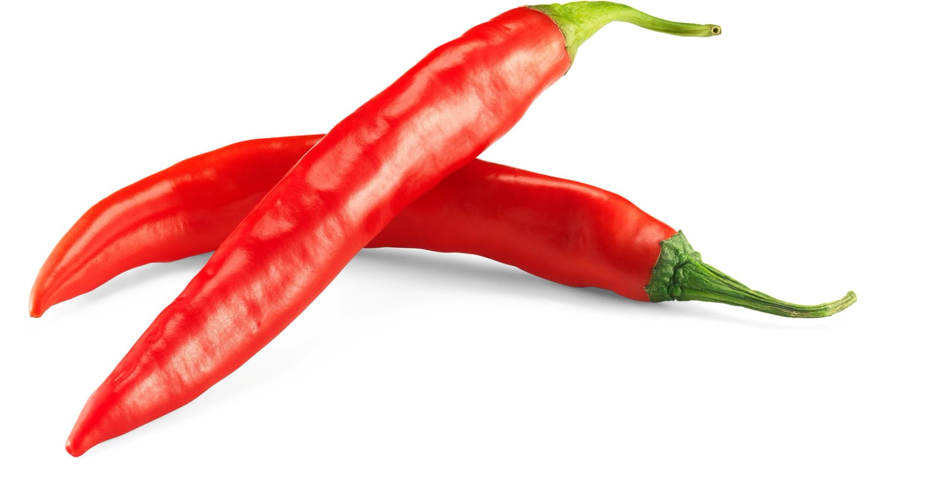 To røde chilipepper ligger krysset over hverandre mot en lys, transparent bakgrunn.