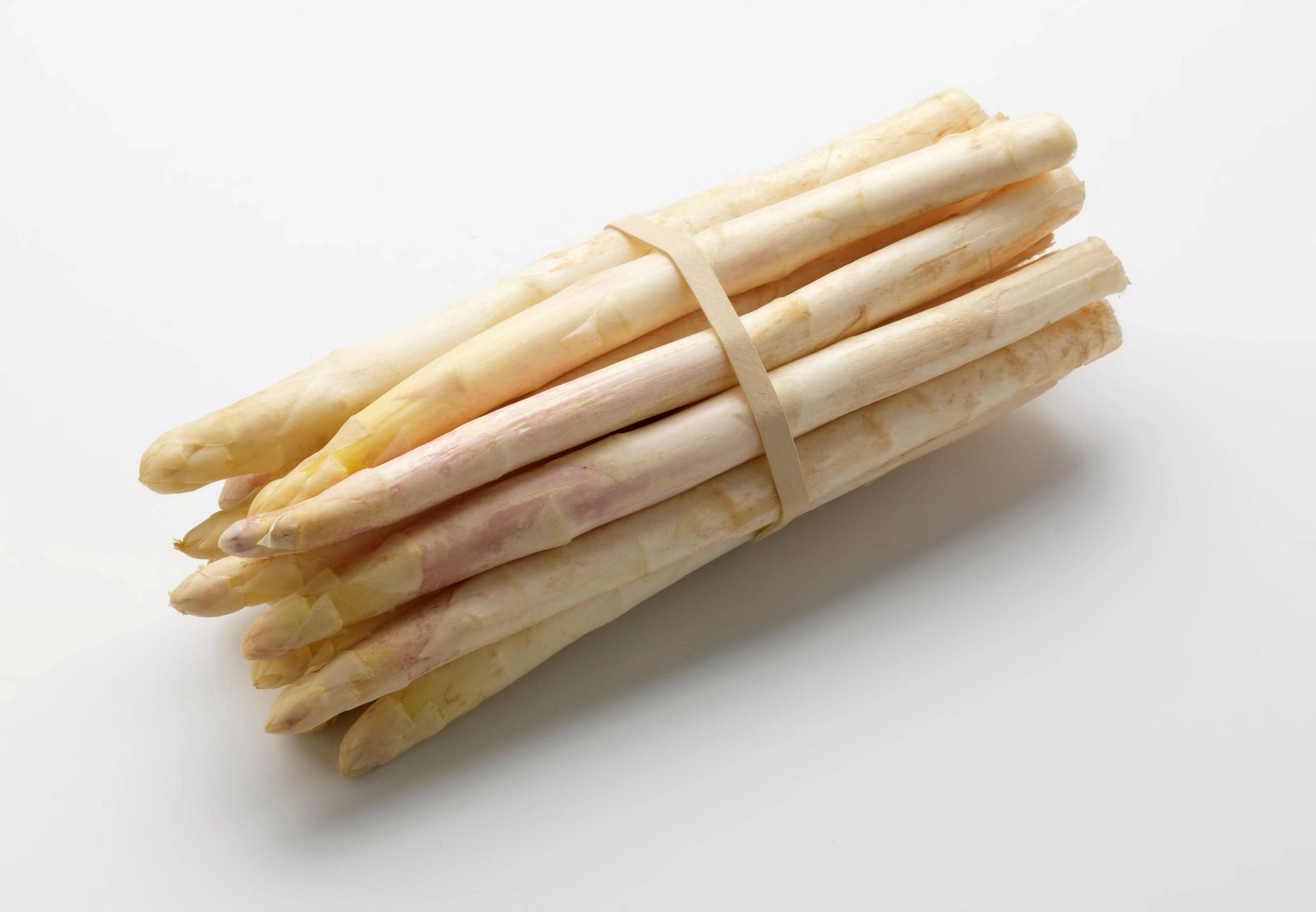 En bunt hvit asparges bundet sammen med strikk, lagt på hvit bakgrunn.