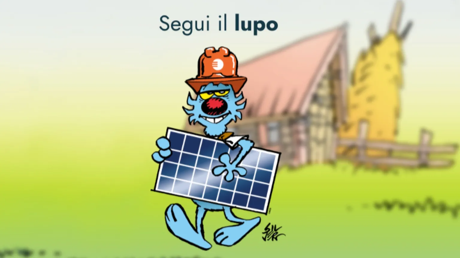 Raffigurazione di Lupo Alberto che cammina, sottobraccio un modulo fotovoltaico