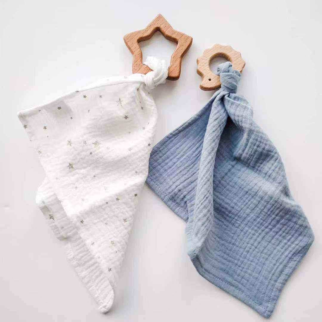 wooden baby teether with personalized cotton fabric