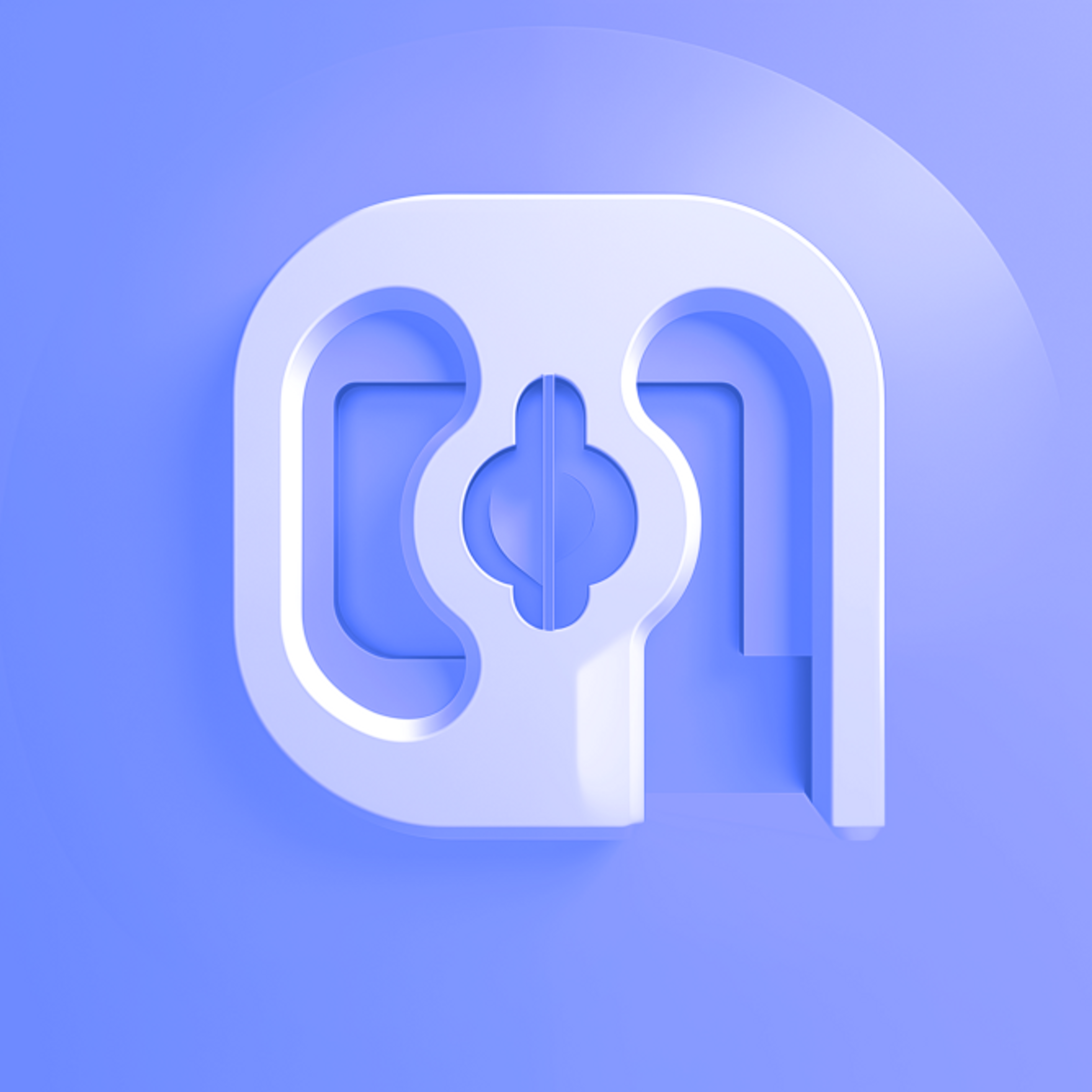 White abstract lock-like shape on a purple background