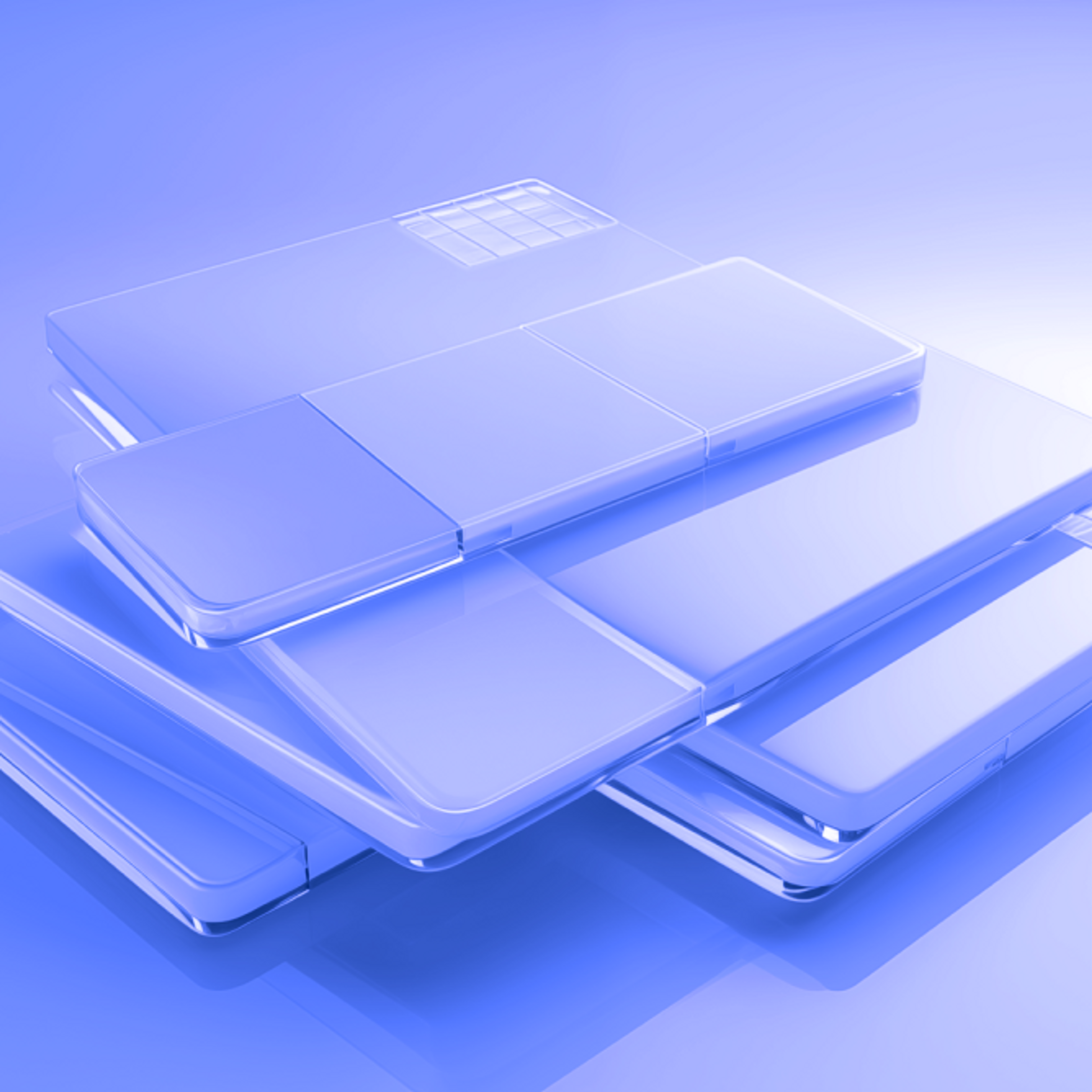 Abstract purple glass-like tiles laying flat drawing shadows on a surface