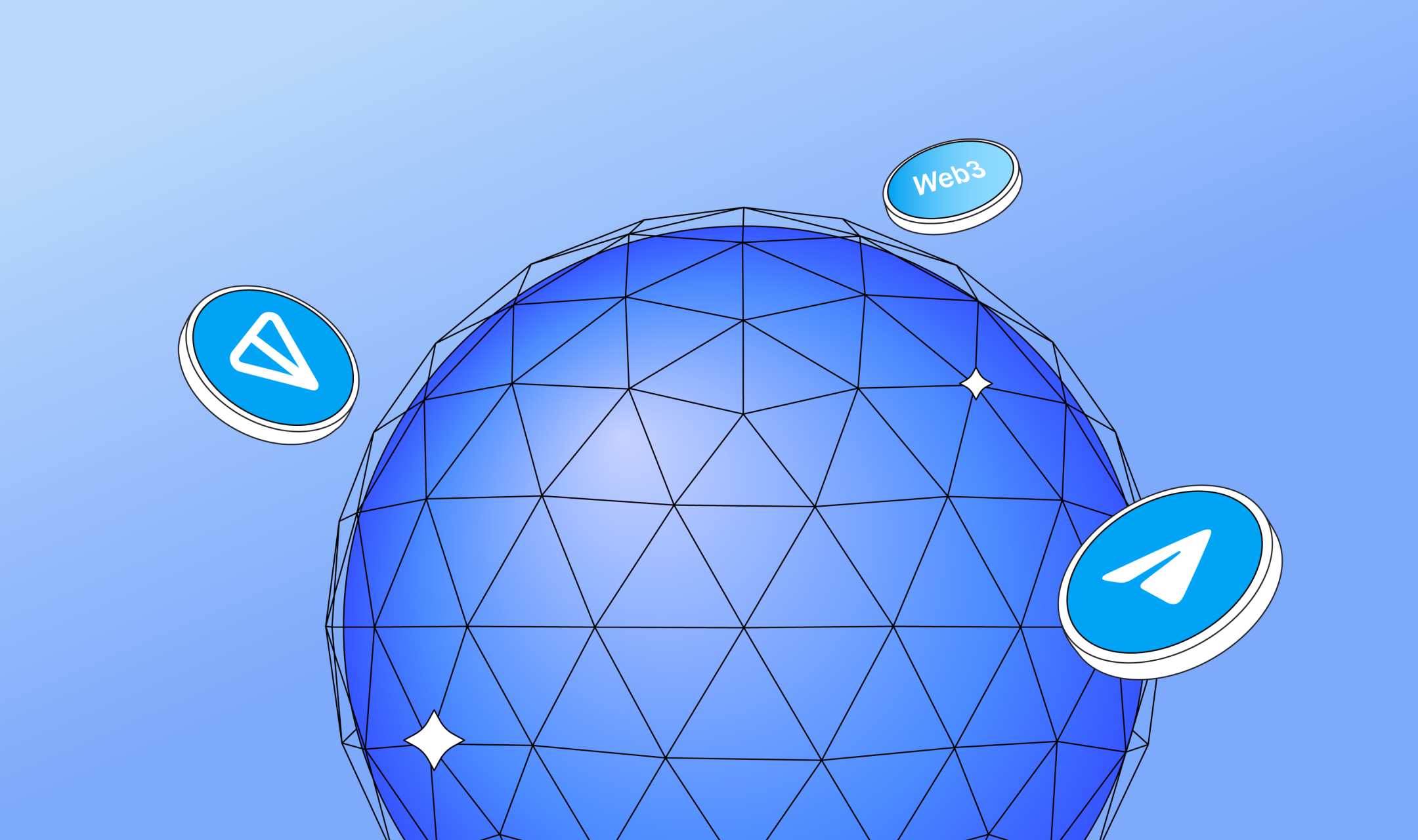 A cartoonish globe with wire around it and floating TON, telegram and web3 coins 