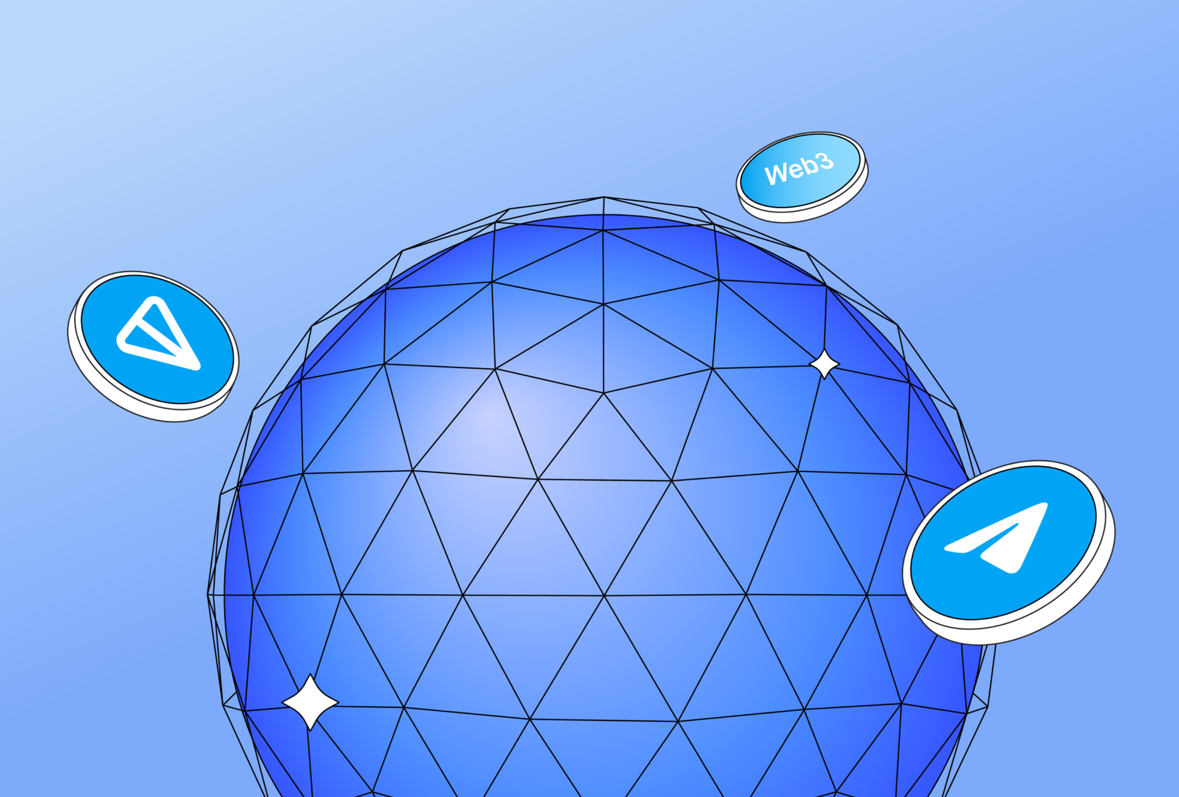 A cartoonish globe with wire around it and floating TON, telegram and web3 coins 
