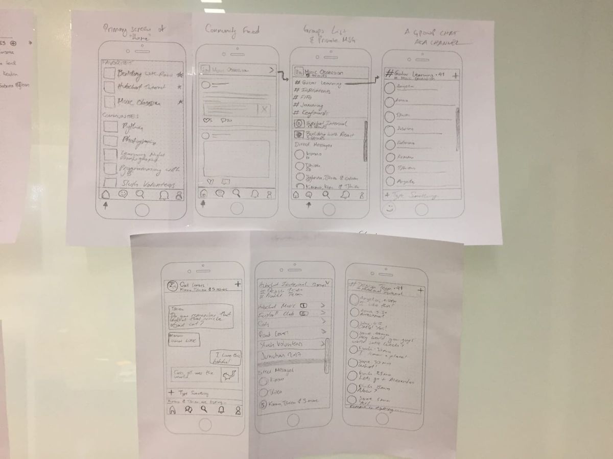 Photo of low fidelity mockups I have designed for the hubchat communities