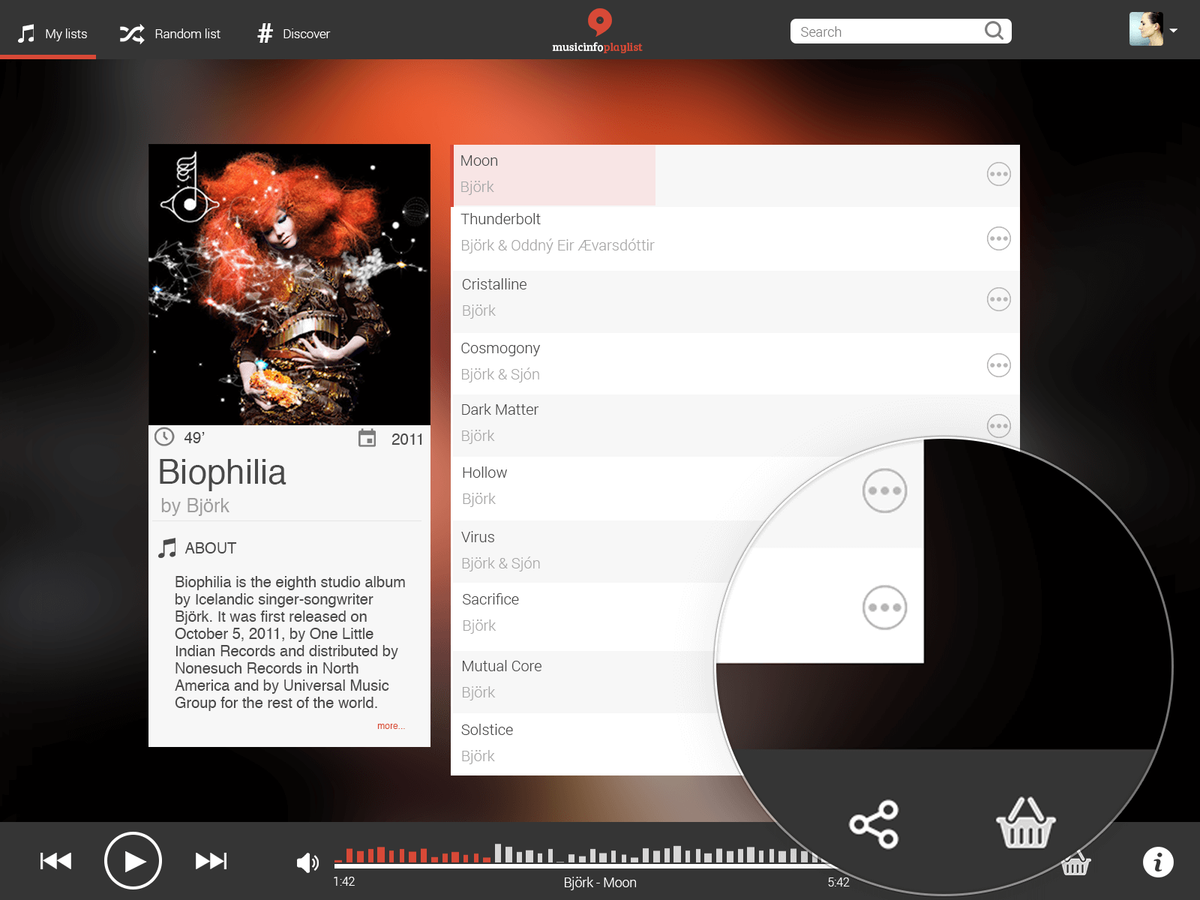 A detail showing the ability to share the song to your networks or simply buy the music