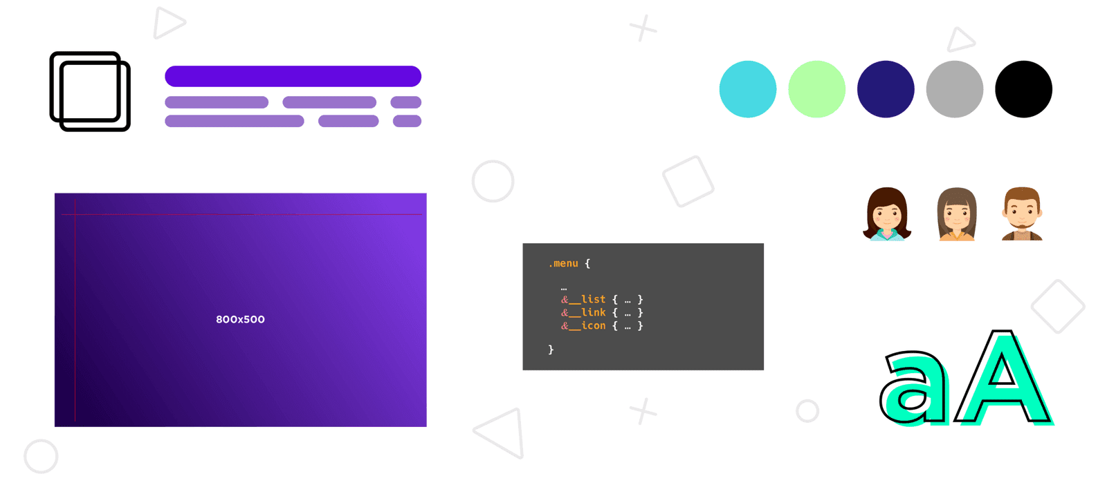 A decorative graphic with a lot of different graphics, boxes and design patterns