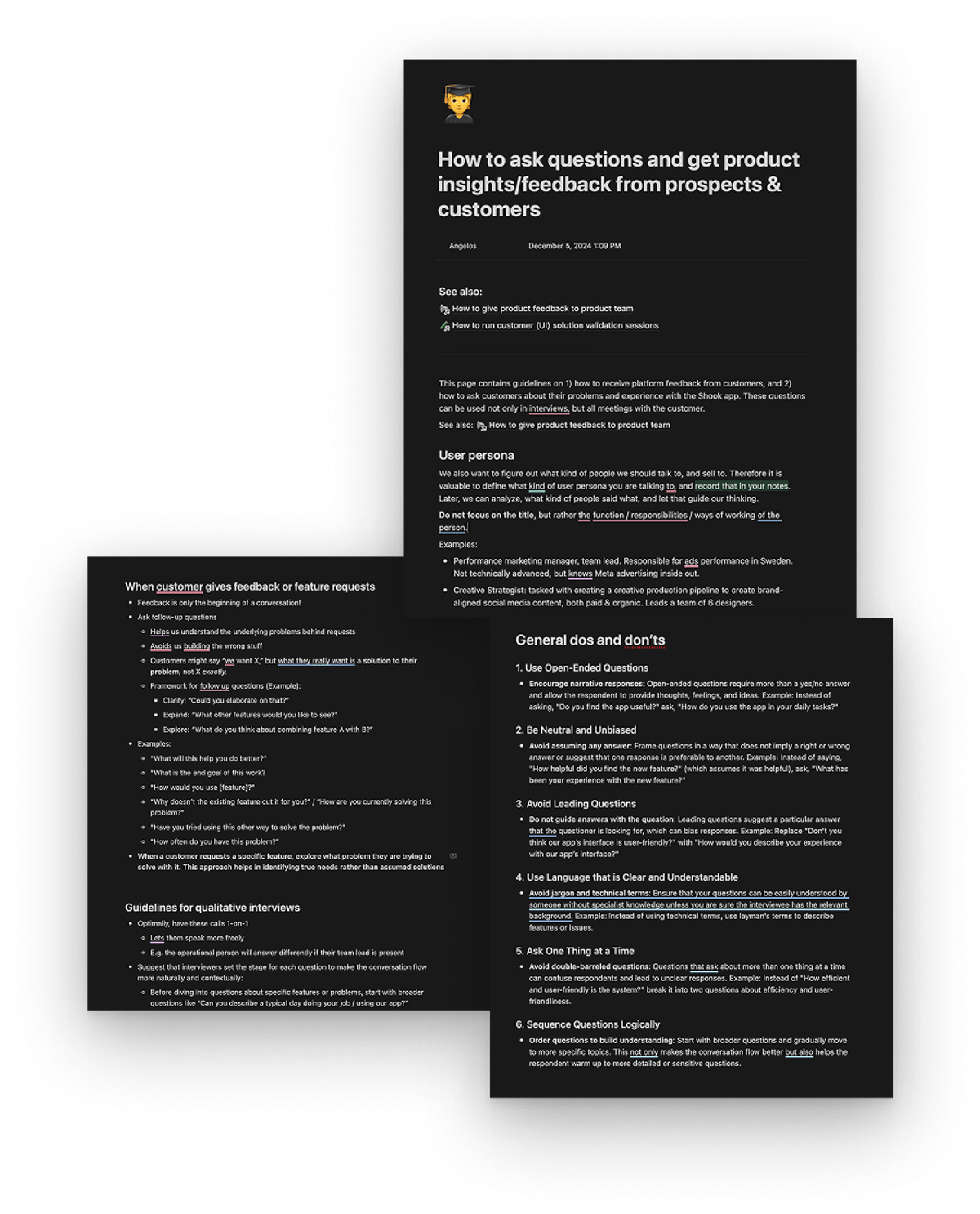 A screenshot showing analytically a guide on how to do research that was shared with the product and customer success teams