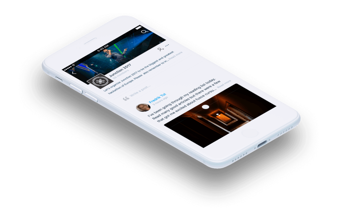 An isometric design of an iphone mockup showing the UI of Hubchat I have designed