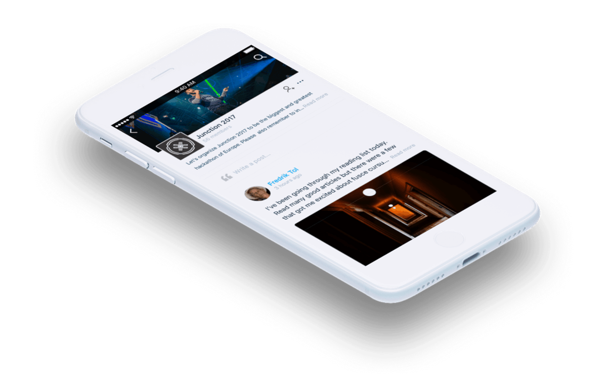 An isometric design of an iphone mockup showing the UI of Hubchat I have designed
