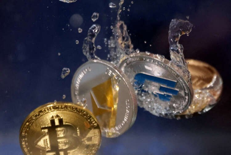 Illustration of Bitcoin, Ethereum, and Dash sinking, symbolizing instability in crypto lending - Global Banking & Finance Review