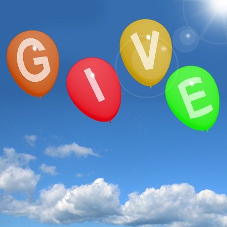 give word on balloons showing charity donations and generous assistance M18F fPu