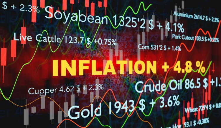 Inflation increases. Commodities like gold, copper, crude oil, wheat with price change. The word inflation in big yellow letters. Candle Stick and line charts in the background.