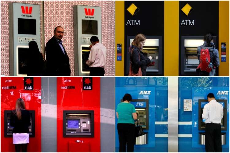 FILE PHOTO: A combination of photographs shows people using automated teller machines (ATMs) at Australia’s “Big Four” banks