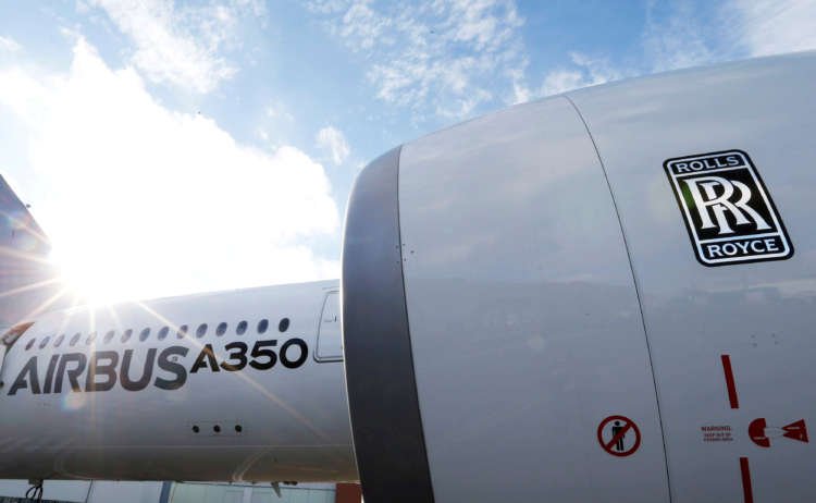 FILE PHOTO: File photo of an Airbus A350 with a Rolls-Royce logo at the Airbus headquarters in Toulouse