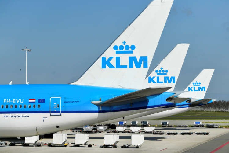 FILE PHOTO: KLM airplanes are seen parked at Schiphol Airport in Amsterdam, Netherlands