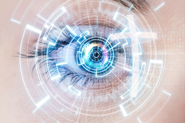 Close-up of an eye with digital lights symbolizing KYC in finance - Global Banking & Finance Review