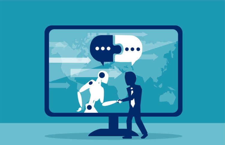 Businessman collaborating with a robot, symbolizing cybersecurity risks from bots - Global Banking & Finance Review