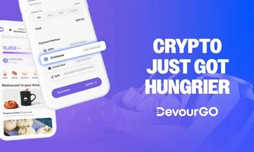 DevourGO app interface showcasing crypto payments via Coinbase - Global Banking & Finance Review