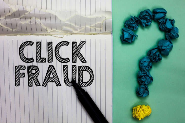 Conceptual hand writing showing Click Fraud. Business photo text practice of repeatedly clicking on advertisement hosted website Notebook marker crumpled papers question mark on green background.