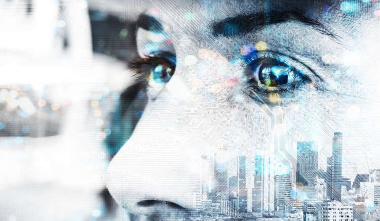 Double exposure of a customer’s face with circuit board, symbolizing digital transformation in banking - Global Banking & Finance Review