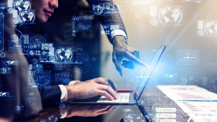 Business and technology concept. Communication network. GUI (Graphical User Interface).