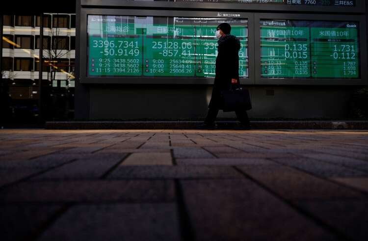 A man wearing a protective mask, amid the coronavirus disease (COVID-19) outbreak, walks past an electronic board displaying Shanghai Composite index, Nikkei index and Dow Jones Industrial Average outside a brokerage in Tokyo