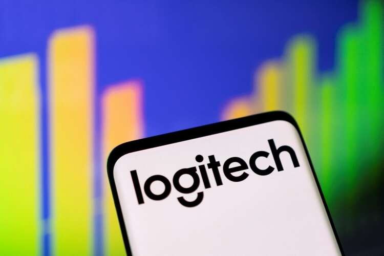 Logitech logo with stock trend graph illustrating quarterly downturn - Global Banking & Finance Review