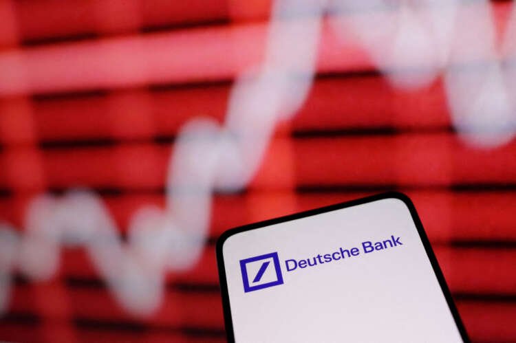 Illustration of Deutsche Bank logo with a rising stock graph symbolizing credit default swaps impact - Global Banking & Finance Review