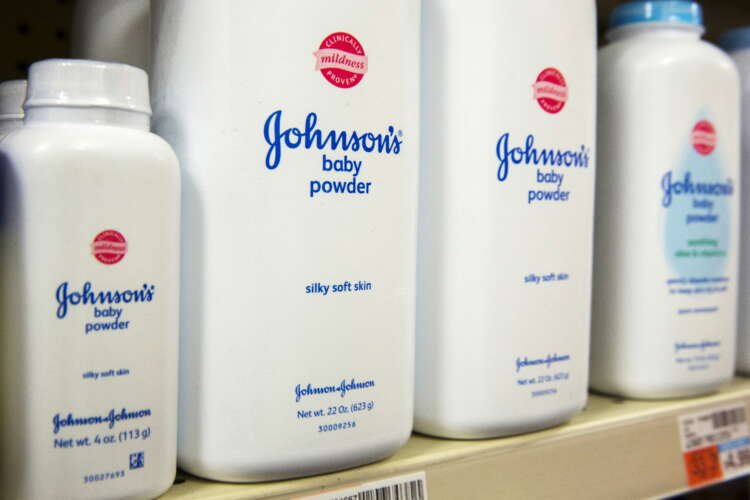 Bottles of Johnson & Johnson baby powder on a drugstore shelf related to talc bankruptcy case - Global Banking & Finance Review