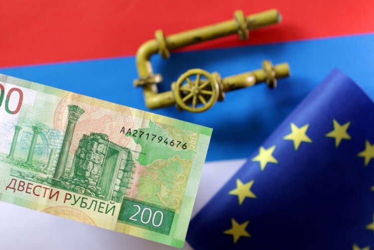 Model of gas pipeline with Rouble banknote, Russian flag, and torn EU flag - Global Banking & Finance Review