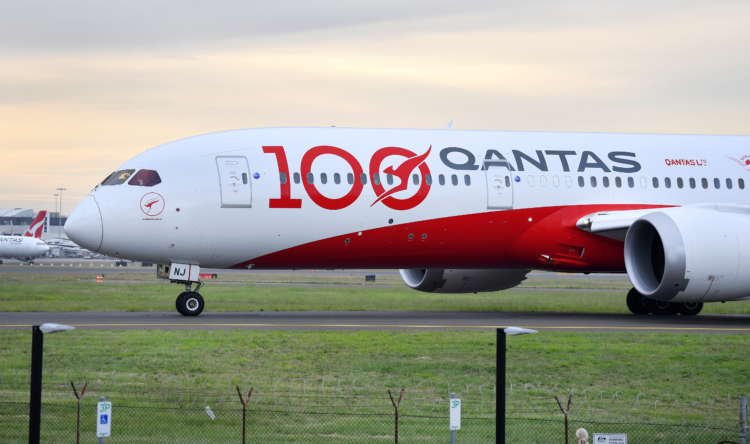 Qantas Airways QF100 flight, which marks the airline’s 100th birthday, is seen at Sydney Airport before flying over Sydney Harbour in Australia