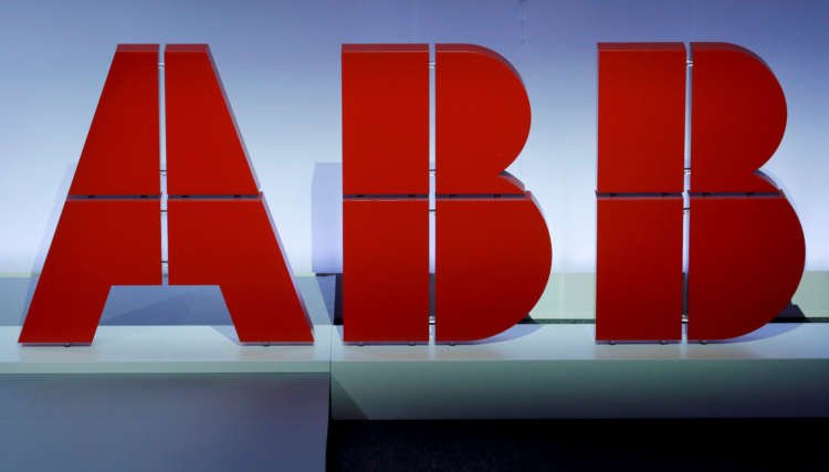 Logo of Swiss power technology and automation group ABB is seen during the company’s annual news conference in Zurich