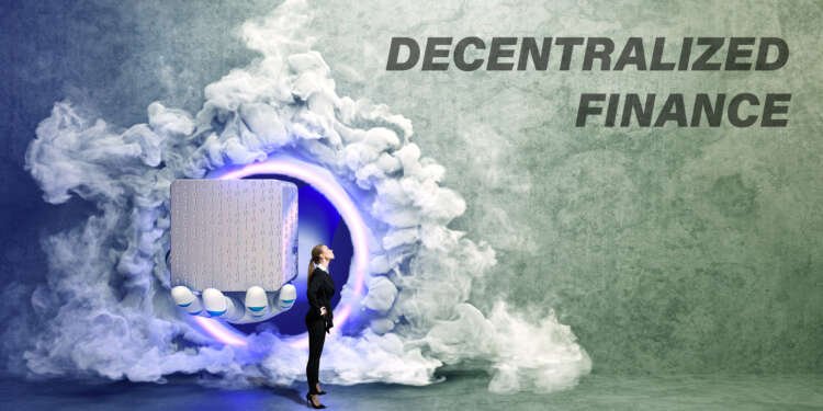 businesswoman looking at the message DECENTRALIZED FINANCE standing besides a robot hand handing a cube with binary code out of portal in a concrete wall