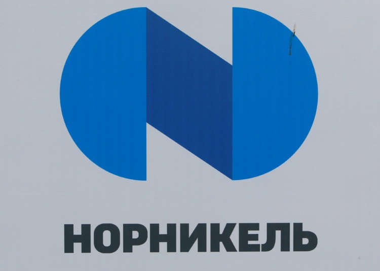 FILE PHOTO: The logo of Russia’s miner Nornickel is seen at the SPIEF 2017 in St. Petersburg