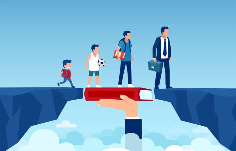 Vector of a growing up man walking on a book bridging the gap to become a successful businessman