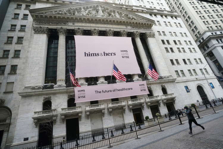 The New York Stock Exchange with a Hims & Hers Health, Inc banner in New York