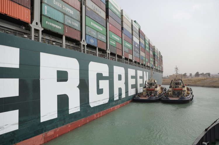 Stranded container ship Ever Given, one of the world’s largest container ships, is seen after it ran aground, in Suez Canal