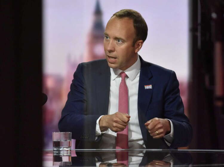 Britain’s Health Secretary Matt Hancock appears on BBC TV’s The Andrew Marr Show