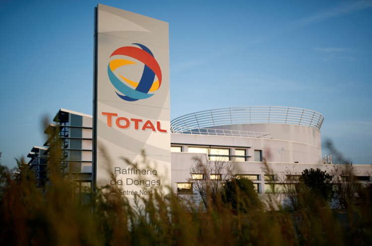 FILE PHOTO: The logo French oil giant Total Refinery is seen in Donges