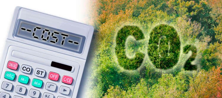 Cost about CO2 reduction – concept image with CO2 text against woodland and calculator