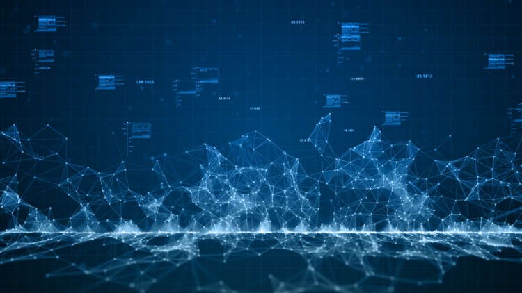 Blue digital cyberspace digital data network connections with lines and dots connection. Technology communication or Hi-Tech digital display holographic information background. 3d rendering