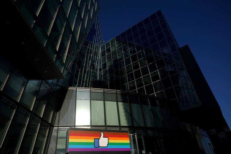 FILE PHOTO: General view of the Facebook logo at its EMEA headquarters in Dublin
